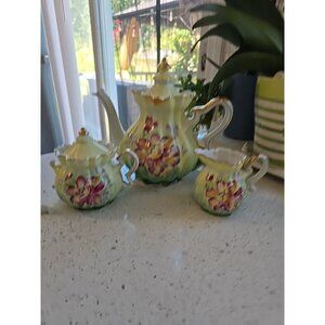 Antique Nippon Hand Painted Teapot Creamer & Sugar Bow W Lid Broken Sugar Handle